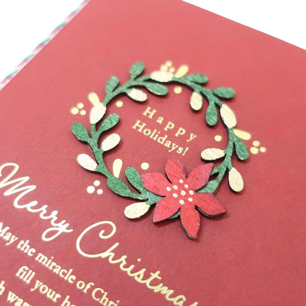 ウッドパーツカード クリスマスカード Handmade card リース APJ 封筒付きグリーティングカード Xmas メール便可