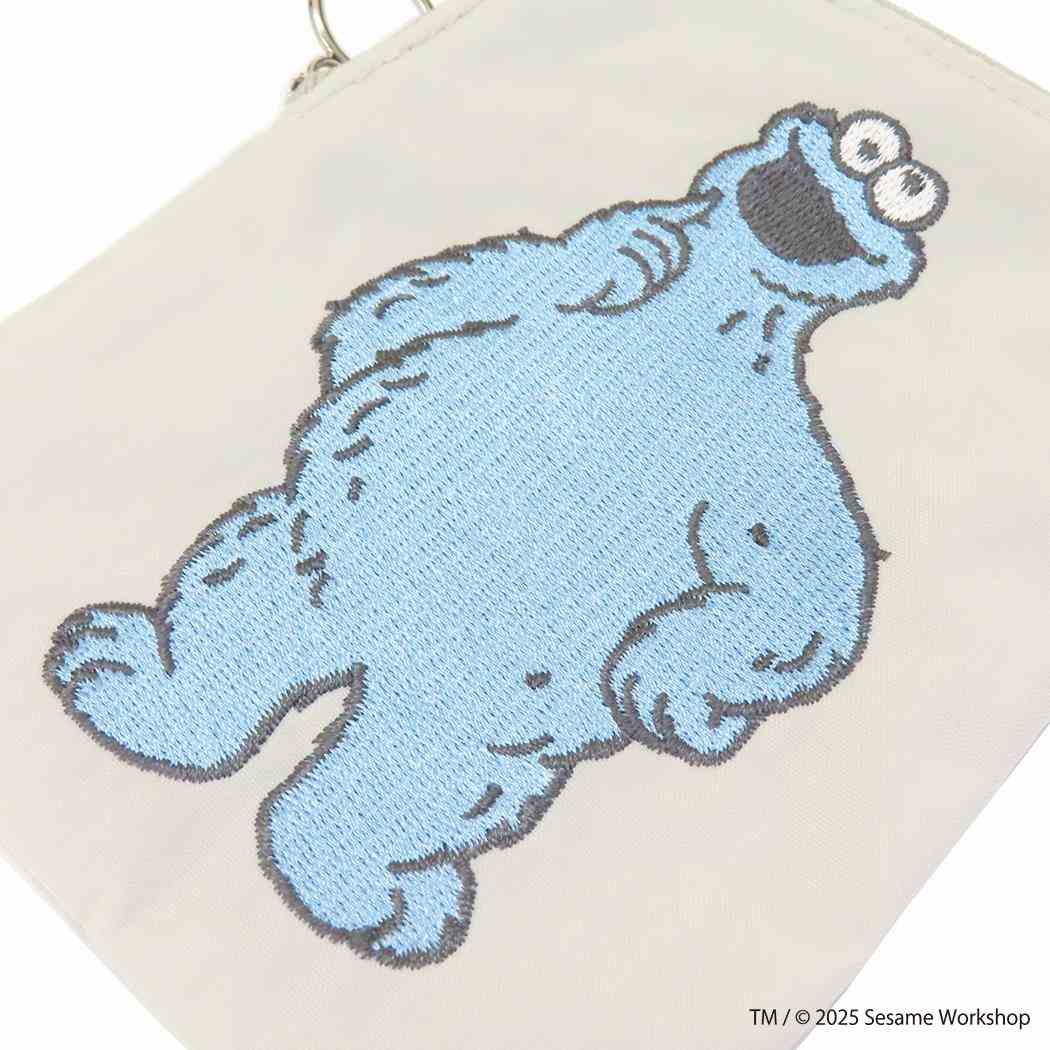 ミニフラットポーチ 平ポーチ セサミストリート SESAME STREET EMBROIDERY グレー エフエービージャパン 小物入れ コスメポーチ クッキーモンスター メール便可