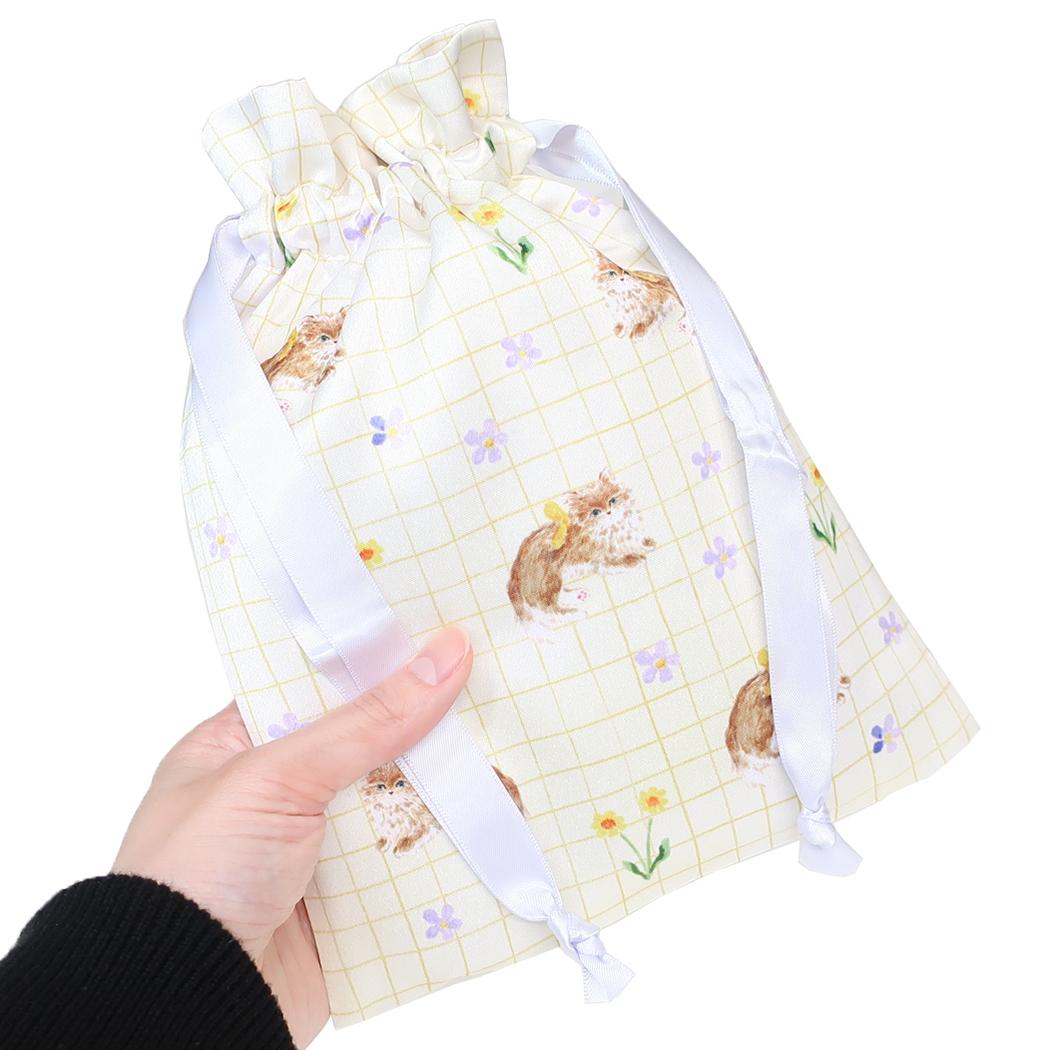 サテン巾着 巾着袋 利光春華 yellow ribbon cat Green Flash きんちゃくポーチ 小物入れ メール便可