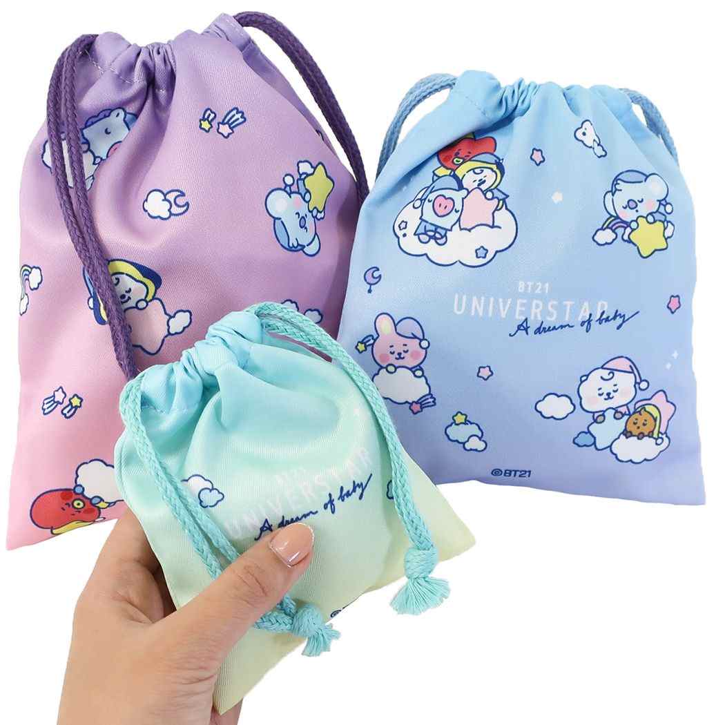 きんちゃくポーチ 3点セット 巾着袋 BT21 おやすみ LINE FRIENDS カミオジャパン 小物入れ 商品 メール便可