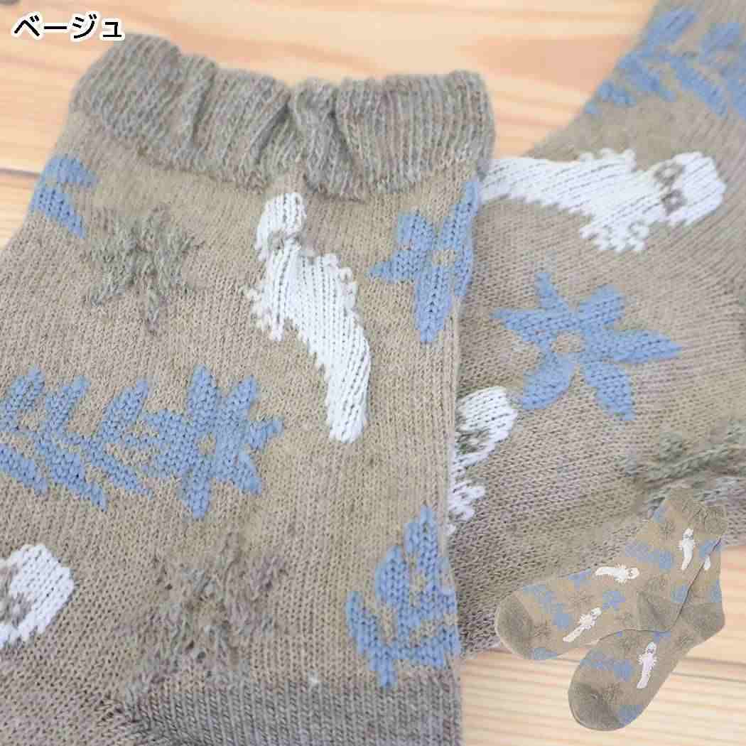 ムーミン 靴下 ロークルー ヤワラカウール ソックス 逆スパ ニョロニョロ 花柄 ベージュ 北欧 ウイックス