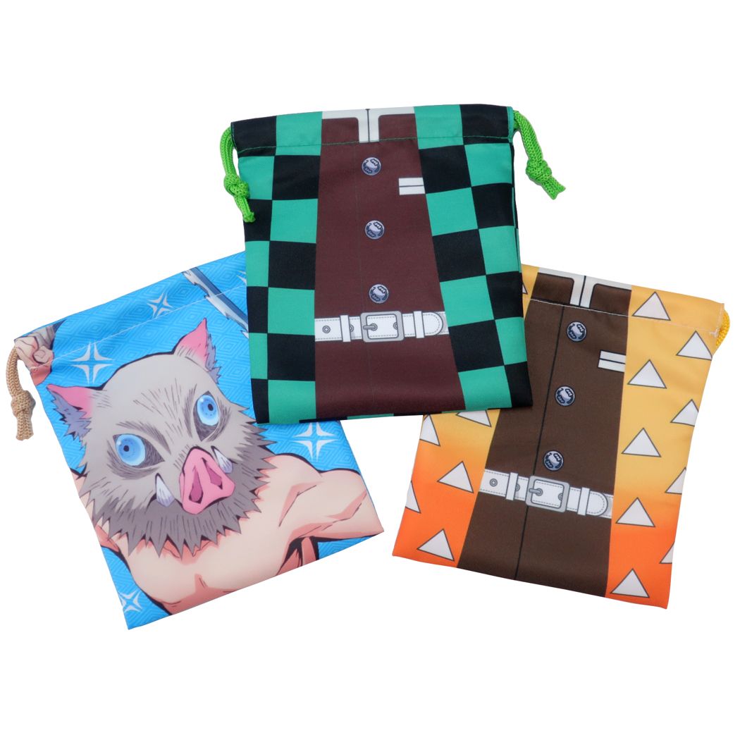 鬼滅の刃 炭治郎&善逸&伊之助 巾着袋 きんちゃくポーチ 3枚セット 少年ジャンプ アニメキャラクター グッズ プレゼント 男の子 女