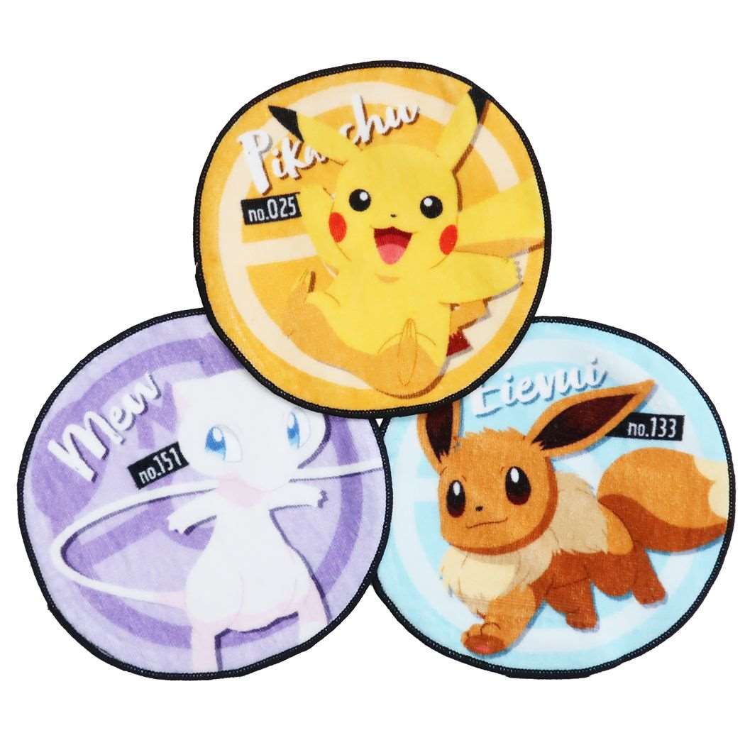 ポケモン ミニタオル 丸型 ハンカチタオル 3枚セット ピカチュウ&ミュウ&イーブイ ポケットモンスター SHO-BI 新学期準備雑貨 保育園 幼稚園