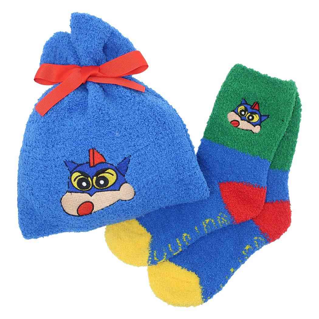 クレヨンしんちゃん アニメキャラクター もこもこソックス もこもこ靴下in巾着 アクション仮面しんちゃん