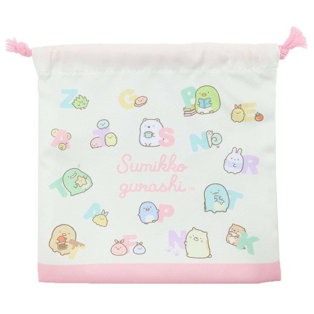 すみっコぐらし グッズ 巾着袋 キャラクター フラット巾着 きんちゃくポーチ みんなあつまるんです アルファベット