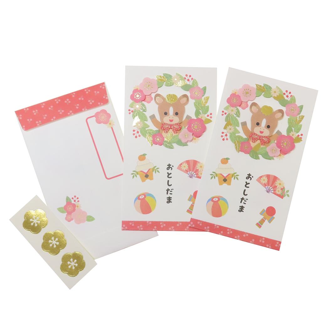 ハンドメイド年賀ぽち袋 3枚入り ポチ袋 リース アクティブコーポレーション 封印シール3枚入 金箔 お年玉袋 金封 おとし玉袋 メール便可
