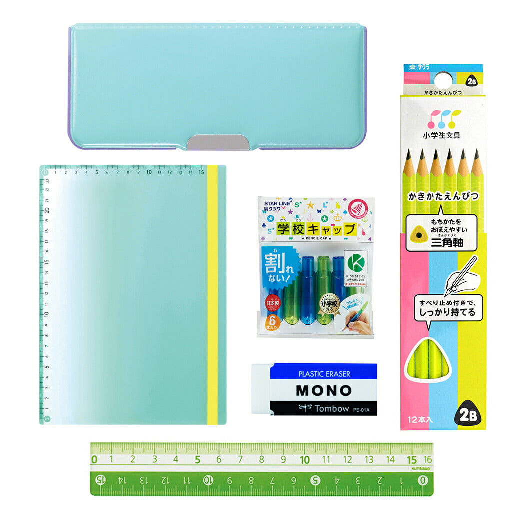 文具セット 6点セット ピッタントン筆箱 / えんぴつ / 鉛筆キャップ / 下敷き / 消しゴム / 定規 ギフトセット 緑色 ミント