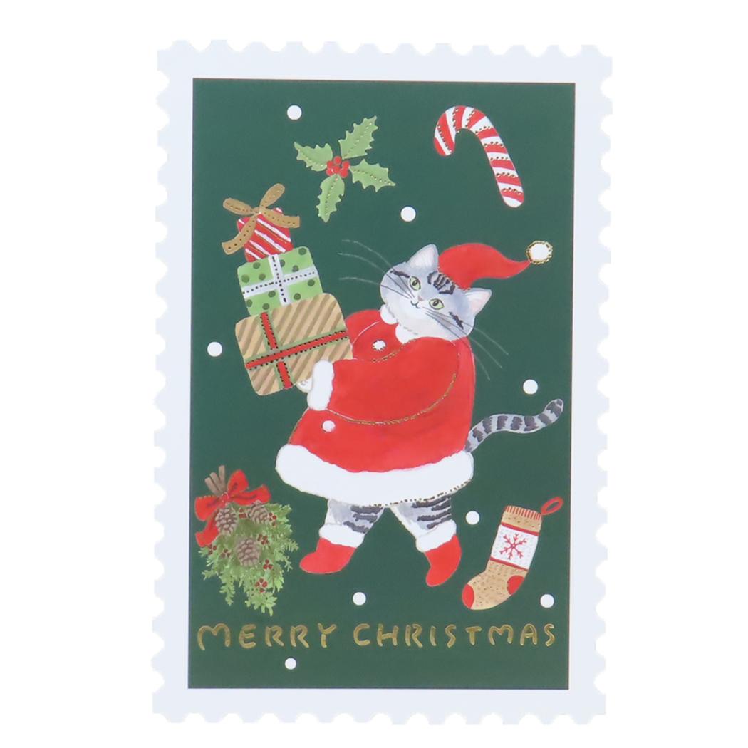 スタンプポストカード クリスマスカード トミタマミ 猫とプレゼント APJ グリーティングカード Xmas メール便可