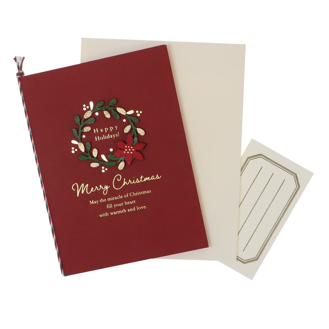 ウッドパーツカード クリスマスカード Handmade card リース APJ 封筒付きグリーティングカード Xmas メール便可