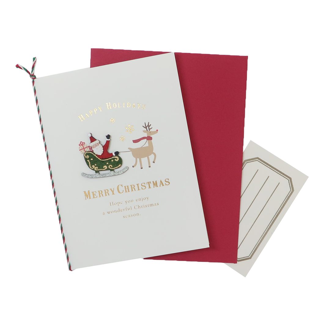 ウッドパーツカード クリスマスカード Handmade card サンタとソリ APJ 封筒付きグリーティングカード Xmas メール便可
