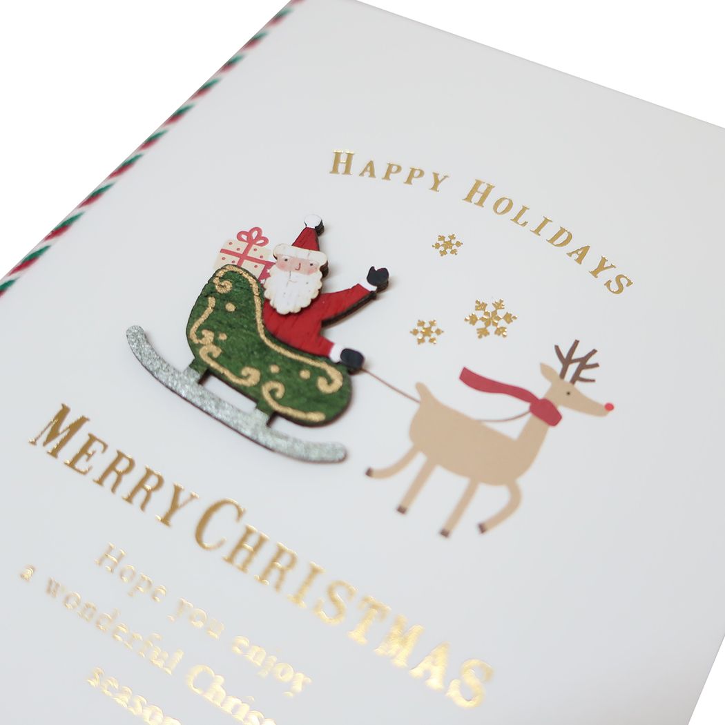 ウッドパーツカード クリスマスカード Handmade card サンタとソリ APJ 封筒付きグリーティングカード Xmas メール便可