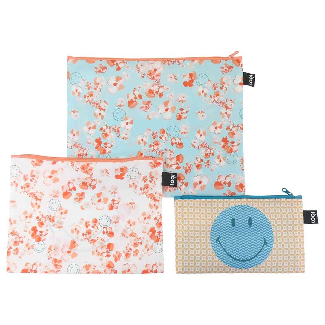 Zip Pockets 平ポーチ大中小3点セット SMILEY Blossom ＆ Geometric LOQI ローキー エーワイ スマイリー 3連ポーチ