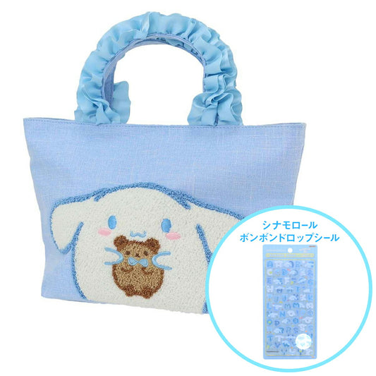 シナモロール ボンボンドロップシール もじ 1シート付き！サガラ刺繍トートバッグセット