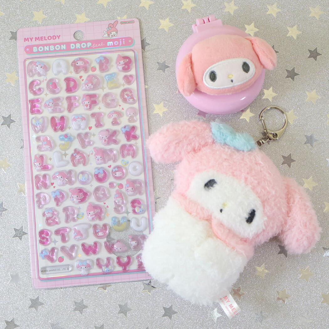 ボンボンドロップシール もじ マイメロディ1シートつき ぬいキー、手鏡セット