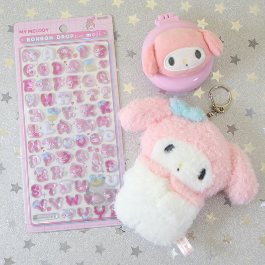 ボンボンドロップシール もじ マイメロディ1シートつき ぬいキー、手鏡セット