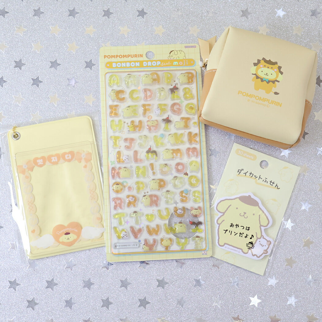 ボンボンドロップシール もじ ポムポムプリン1シートつき ミニポーチ、定期入れセット