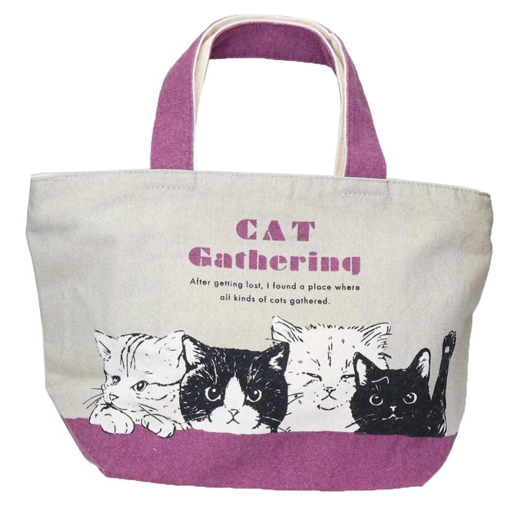 ファスナー付きミニトートバッグ ランチバッグ キャット集会 GY ねこ ミントイン お弁当かばん かわいい メール便可