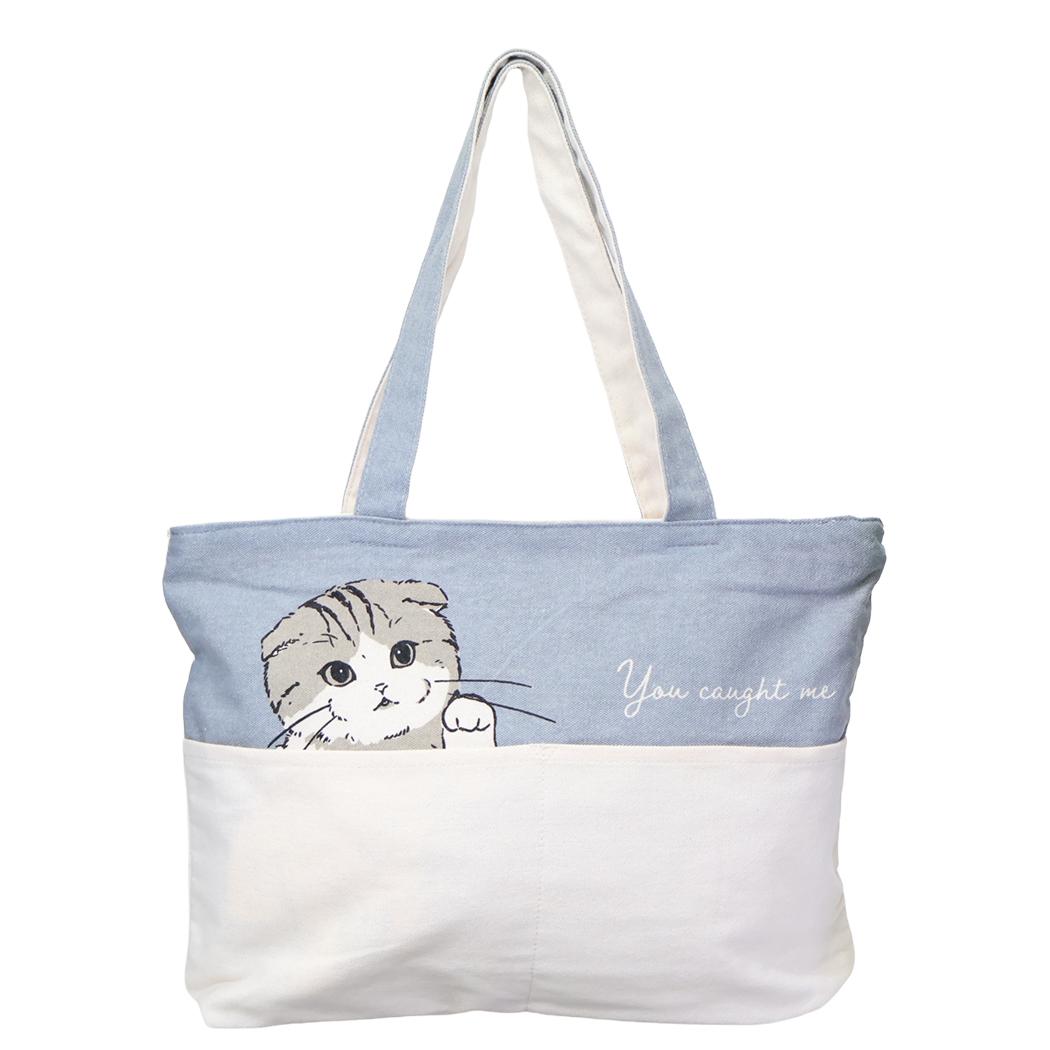 ポケット横型トートバッグ ファスナー付き トートバッグ メリア ねこ ミントイン 手提げかばん かわいい