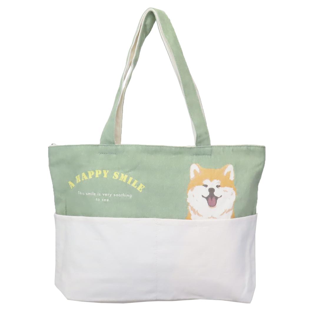 ファスナー付きポケット横型トートバッグ トートバッグ きなこ いぬ ミントイン 手提げかばん かわいい メール便可