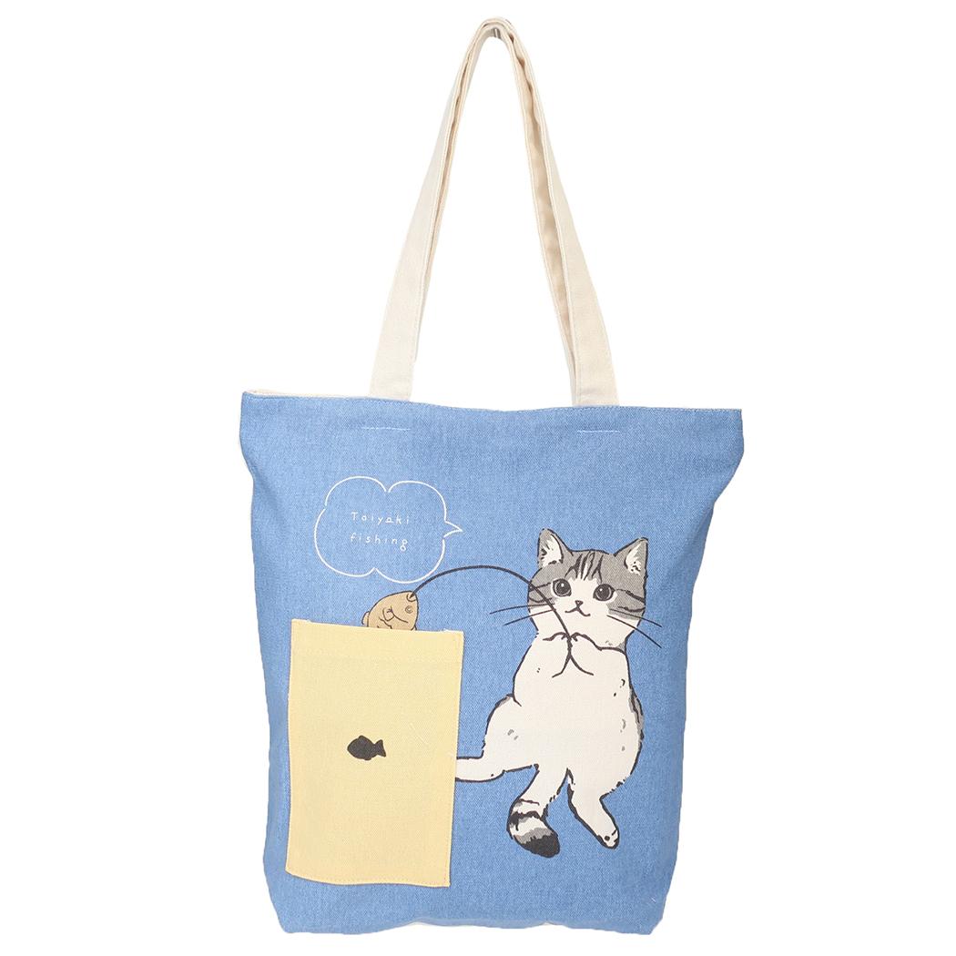 前ポケットトートバッグ トートバッグ よもぎ ねこ ミントイン かわいい 手提げかばん