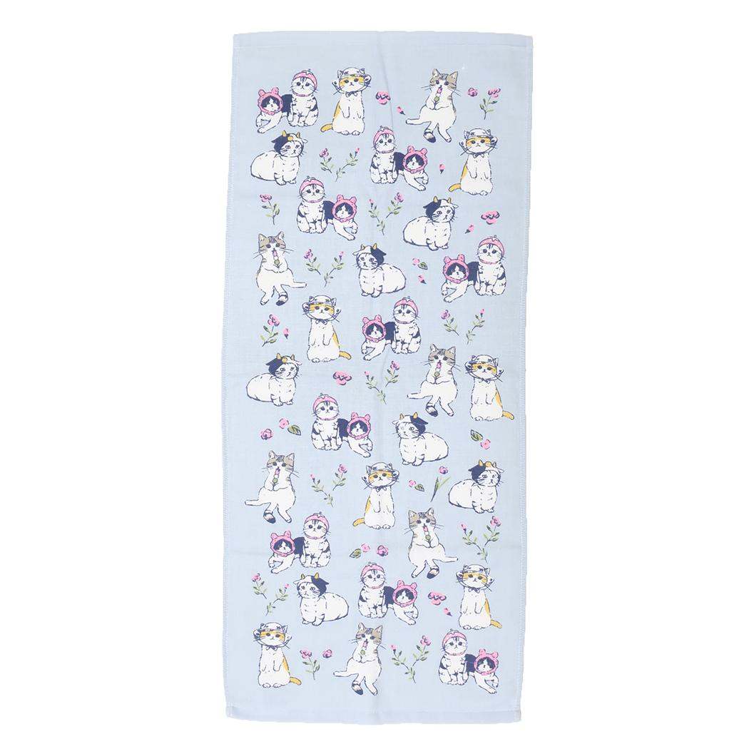 片面ガーゼプリントロングタオル フェイスタオル よもぎフレンズBL ねこ ミントイン 新生活 かわいい メール便可