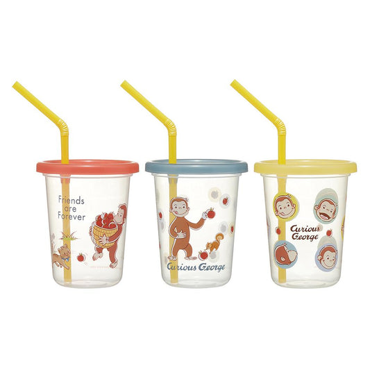 ストロー付タンブラー3個セット 蓋付きプラコップ おさるのジョージ 230ml スケーター フタ付きコップ 絵本