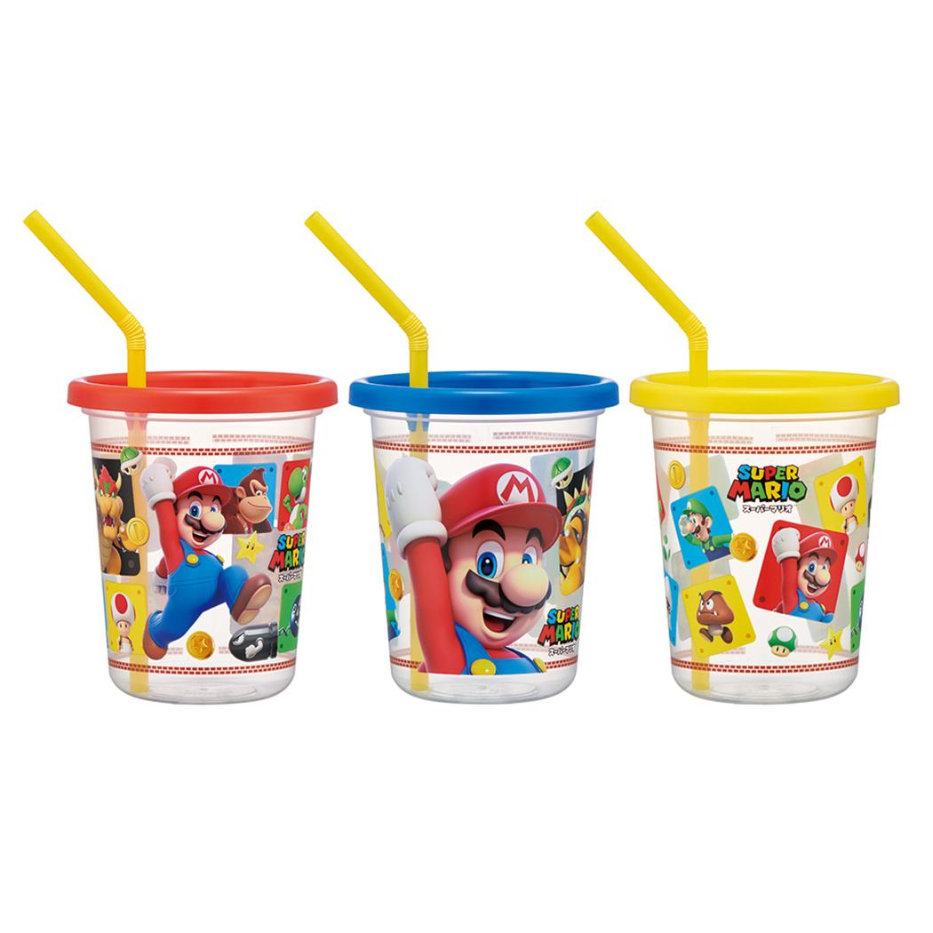 ストロー付タンブラー3個セット 蓋付きプラコップ スーパーマリオ 320ml スケーター フタ付きコップ