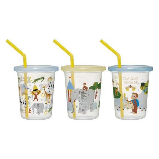 ストロー付タンブラー3個セット 蓋付きプラコップ おさるのジョージ 320ml ZOO スケーター フタ付きコップ 絵本