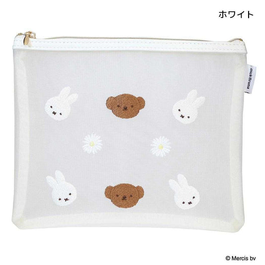 ミッフィー コスメポーチ フラットポーチ MESH＆EMBROIDERY ホワイト ディックブルーナ エフエービージャパン