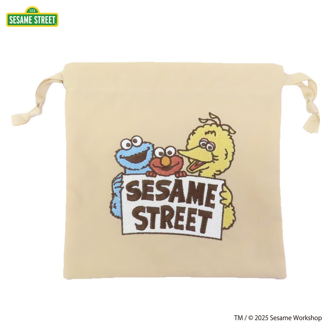 巾着ポーチ 巾着袋 セサミストリート SESAME STREET EMBROIDERY ベージュ エフエービージャパン 小物入れ メール便可