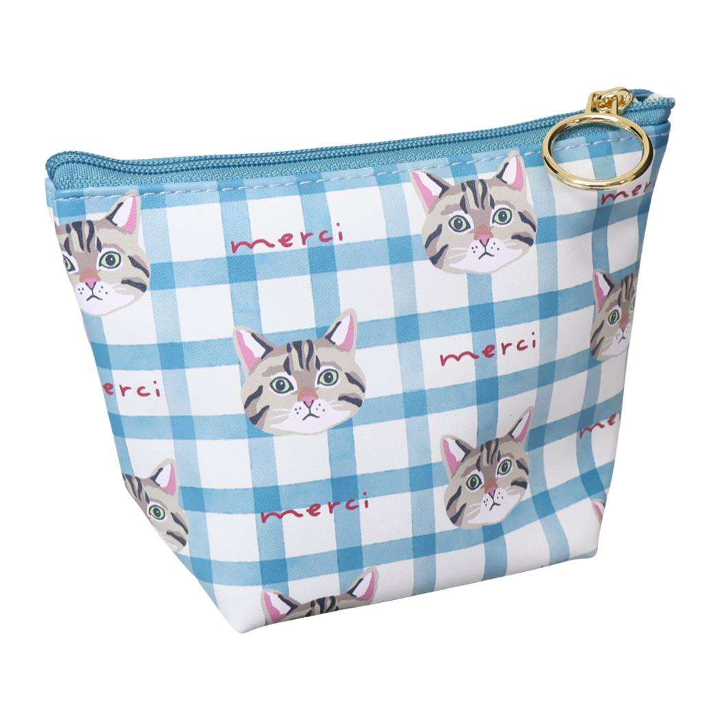 マチ付ポーチ ミニポーチ ouaf ouaf＆miaou marche ティーグルチェック ブルー ねこ フレンズヒル FRIENDSHILL 小物入れ 化粧ポーチ コスメポーチ メール便可