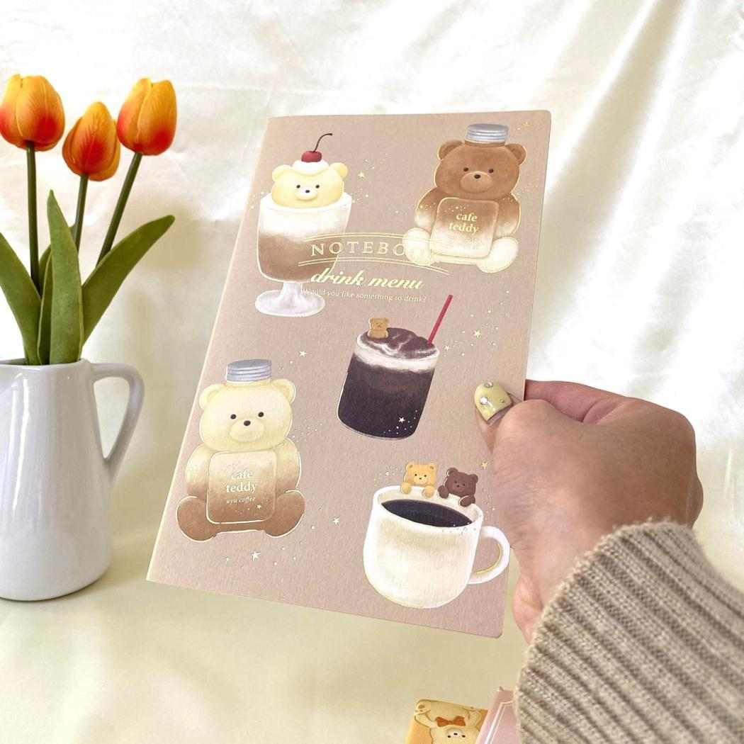A5スリムノート 方眼ノート ROKKAKU x cafe teddy ドリンク フタバ テディベア　箔押し おしゃれ ミニノート メール便可