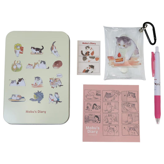 ギフト缶セット ステーショナリー 三毛猫モブは猫缶を稼ぎたい Mobu's Diary Pink Green Flash かわいい