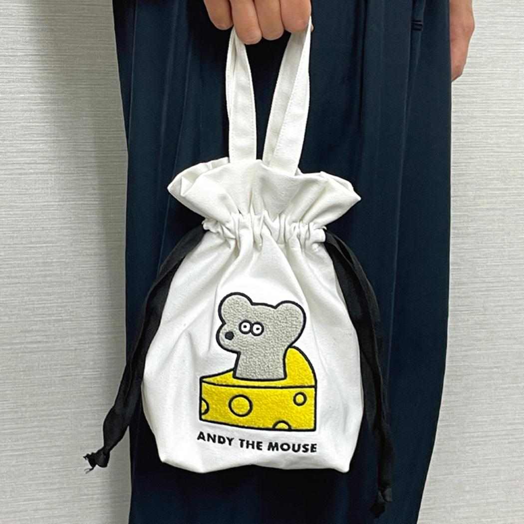 相良刺繍巾着 巾着バッグ ねずみのANDY cheese アンディ アイアップ 手提げ サブバッグ ギフト メール便可