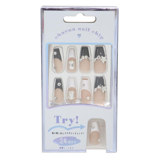 ネイルチップロングスクエアタイプ コスメ雑貨 MONOTONE FRENCH カミオジャパン ネイルアート 付け爪 おしゃれ メール便可