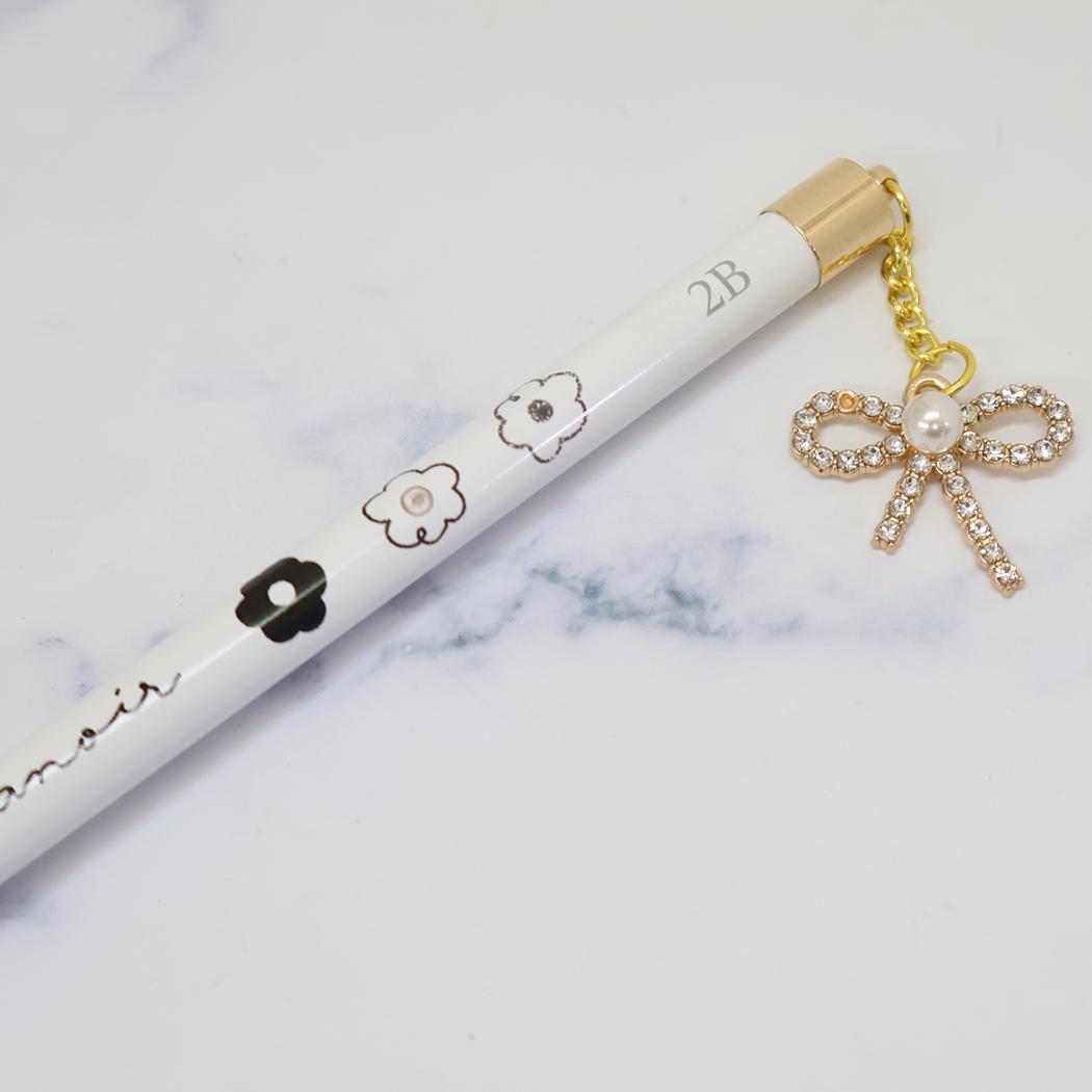 リボンチャーム鉛筆 2B えんぴつ Blanoir ブラノワール Sugar daisy チェック カミオジャパン 小学生 日本製 新学期準備文具 メール便可