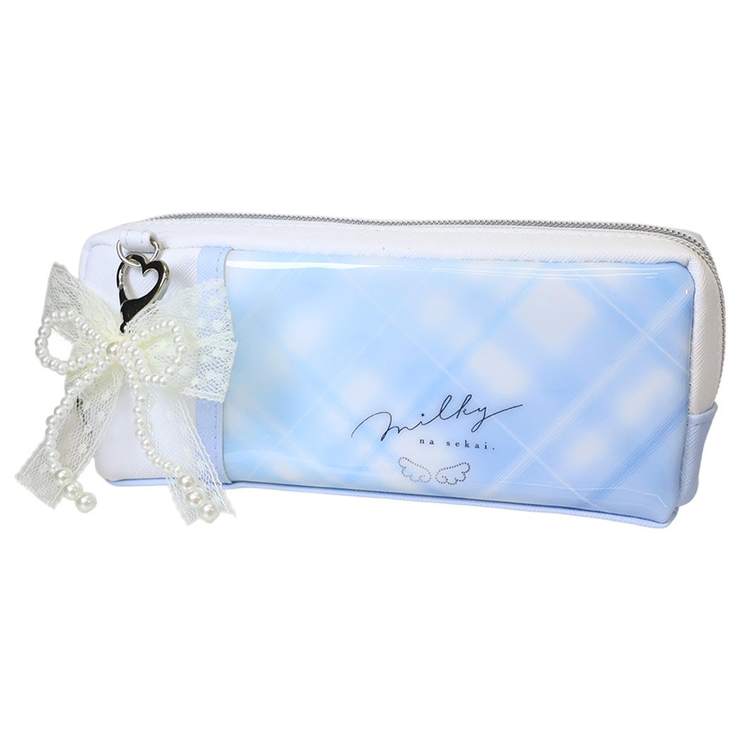 ペンポーチ milky blue ツインファスナーペンケース チェック カミオジャパン