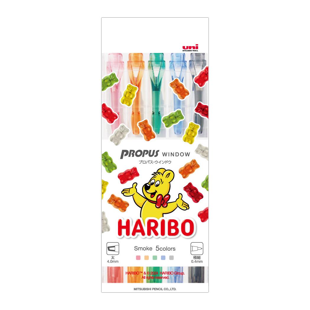 HARIBO ハリボー カラーペン プロパスウインドウ 5色セット スモークカラー お菓子パッケージ 三菱鉛筆 新学期準備文具 事務用品 グミ型ステッカー付き グッズ メール便可 シネマコレクション