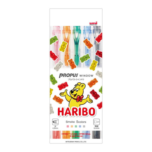 HARIBO ハリボー カラーペン プロパスウインドウ 5色セット スモークカラー お菓子パッケージ 三菱鉛筆 新学期準備文具 事務用品 グミ型ステッカー付き グッズ メール便可 シネマコレクション