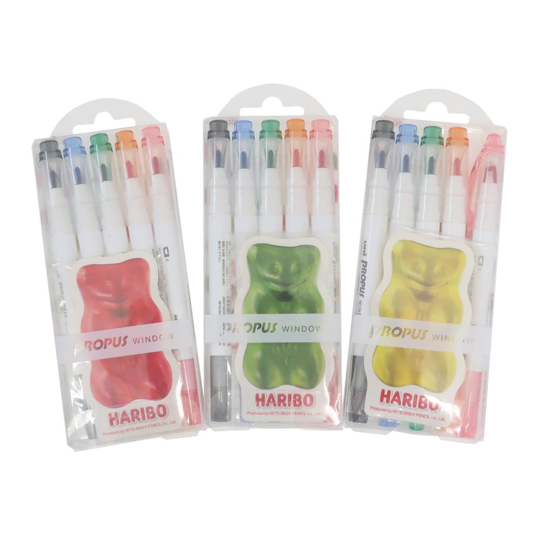 HARIBO ハリボー カラーペン プロパスウインドウ 5色セット スモークカラー お菓子パッケージ 三菱鉛筆 新学期準備文具 事務用品 グミ型ステッカー付き グッズ メール便可 シネマコレクション