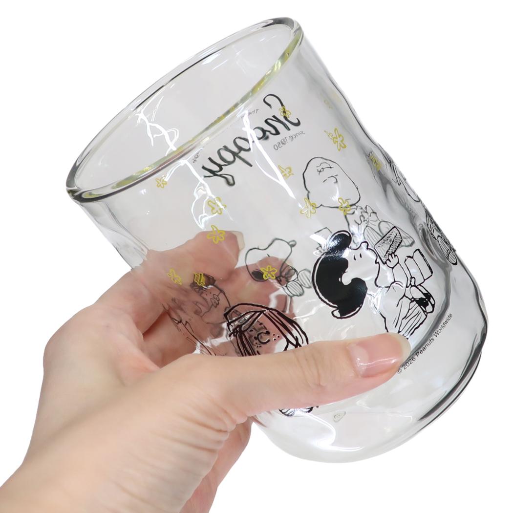 スヌーピー ガラスコップ ダブルウォールフリーカップ L 340ml 整列 ピーナッツ マリモクラフト