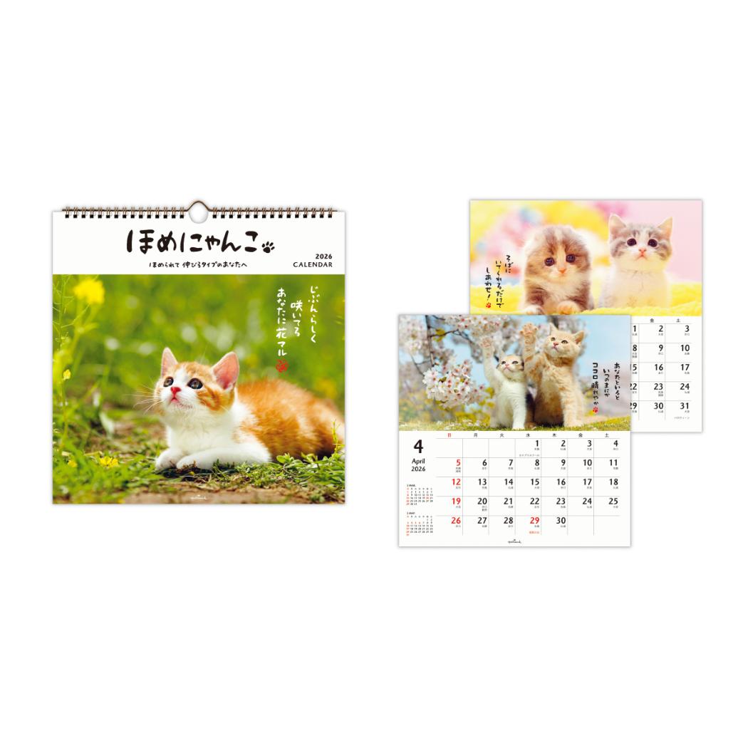 ほめにゃんこ 2026 Calendar リングカレンダー大 壁掛けカレンダー2026年 ねこ 日本ホールマーク スケジュール 書き込み 動物写真 令和8年暦 シネマコレクション