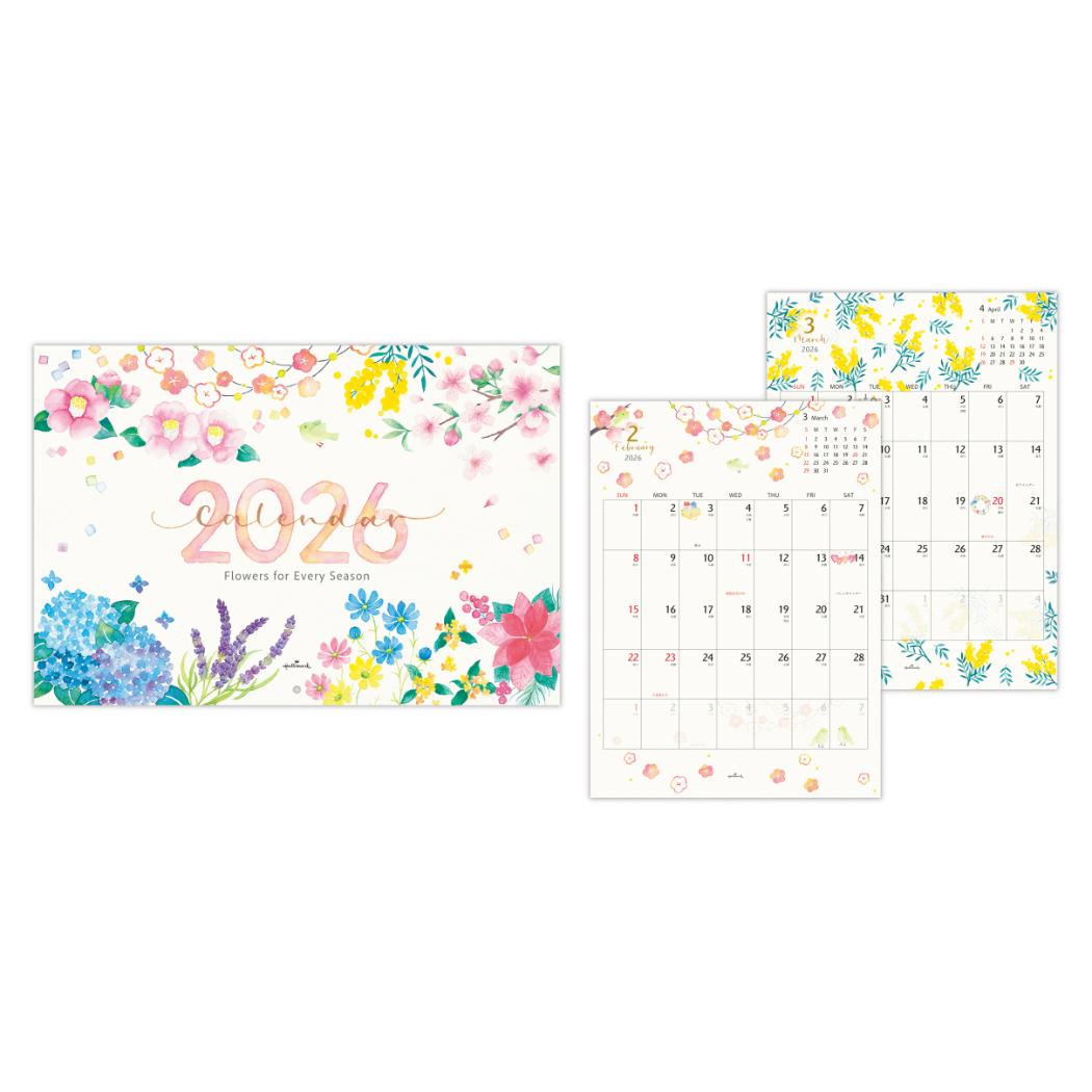 花とすごす季節 2026 Calendar 二つ折りカレンダー大 壁掛けカレンダー2026年 日本ホールマーク スケジュール 書き込み イラスト 令和8年暦 シネマコレクション