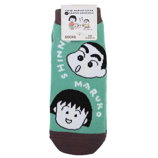 ちびまる子ちゃんxクレヨンしんちゃん 女性用靴下 レディースソックス フェイス グリーン スモールプラネット