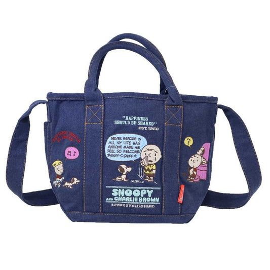 スヌーピー ショルダーバッグ IP.デリ.シシュウ.Peanuts-0M デニムミニバッグ ショルダー付 NAVY ピーナッツ ルートート 手提げかばん 斜め掛け 肩掛けカバン キャラクター グッズ シネマコレクション