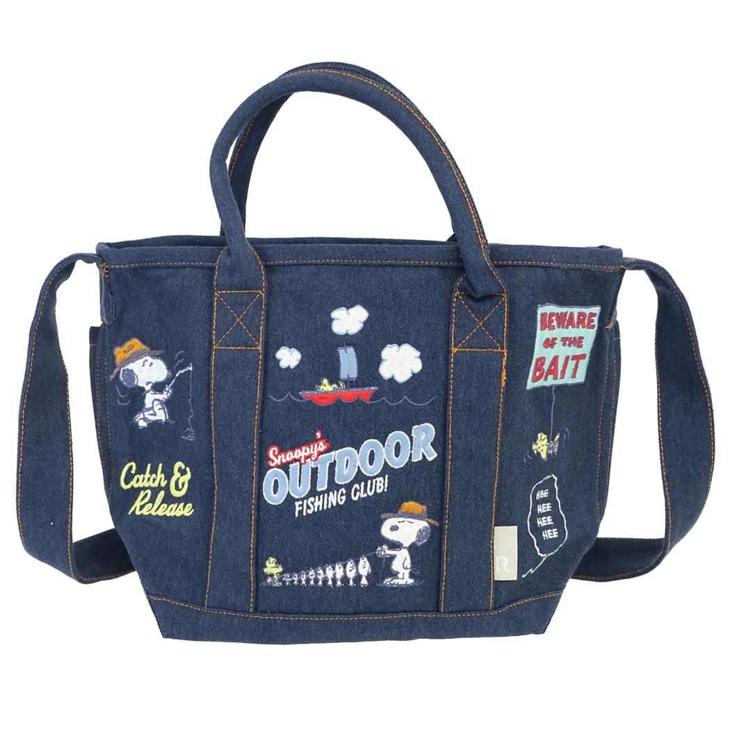 スヌーピー トートバッグ デニム染めコットン2wayバッグ IP.デリ.シシュウ.Peanuts-1K Navy ピーナッツ ルートート