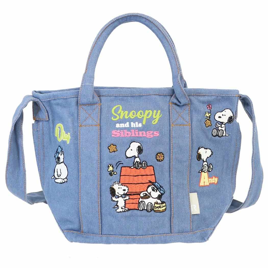 スヌーピー トートバッグ デニム染めコットン2wayバッグ IP.デリ.シシュウ.Peanuts-1K Sax ピーナッツ ルートート