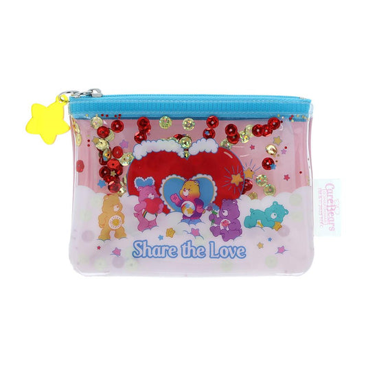 ケアベア フラットポーチ チャーム付きスパンコール入りポーチ ピンク CareBears サンスター文具 小物入れ キャラクター グッズ メール便可 シネマコレクション