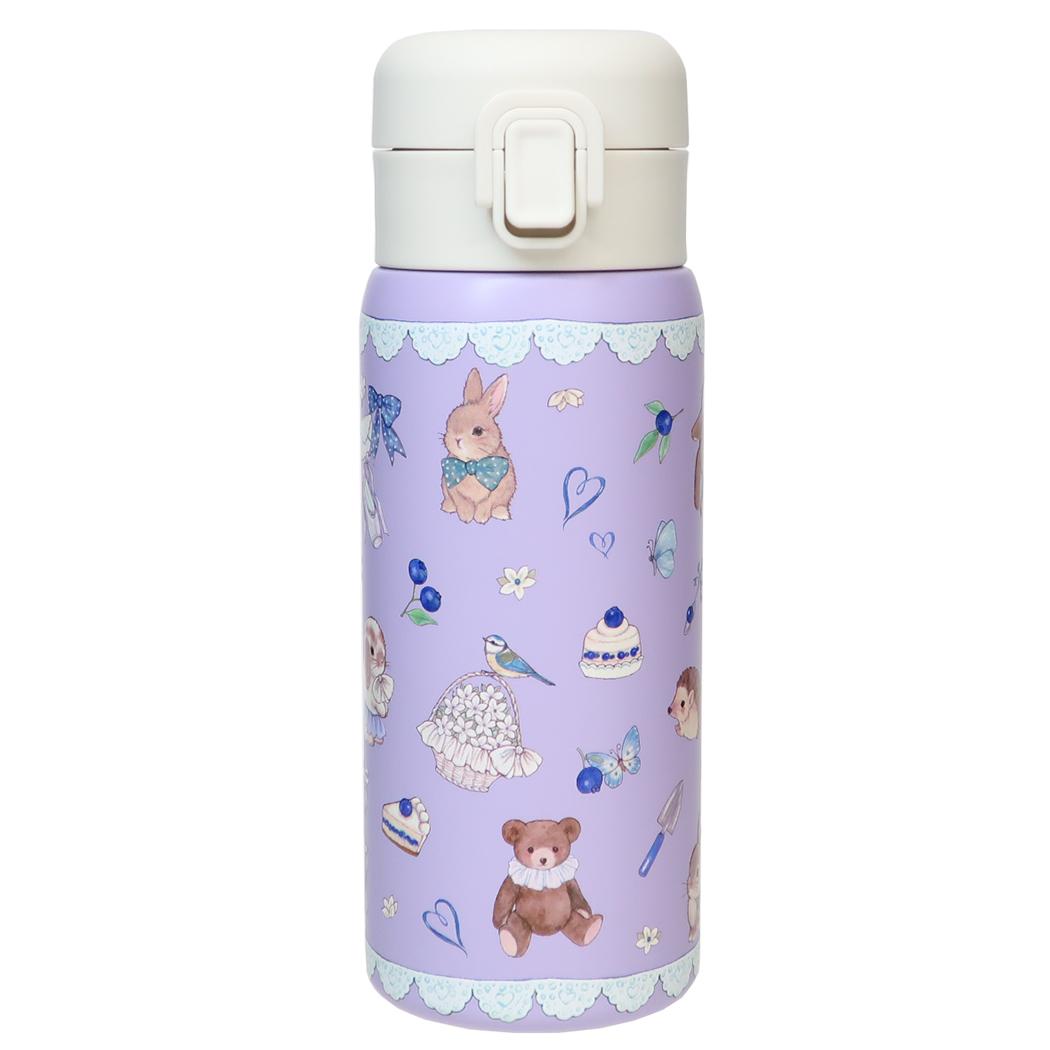 たけいみき 保温保冷水筒 ステンレスワンプッシュボトル350ml ブルーベリーとくまとうさぎ 東亜金属 ロック機能 ワンタッチ ガーリーイラスト グッズ シネマコレクション