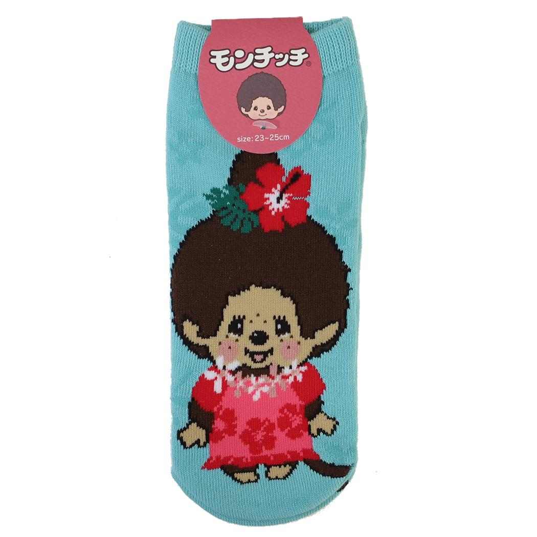 モンチッチ 女性用靴下 レディース アンクルソックス 日焼け ムームー柄 サックス ウイックス
